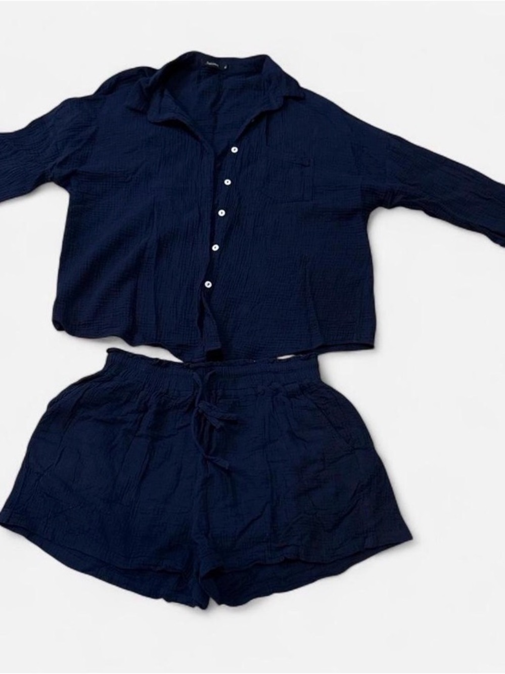 Navy Blue Button-Up Top & Drawstring Shorts Set